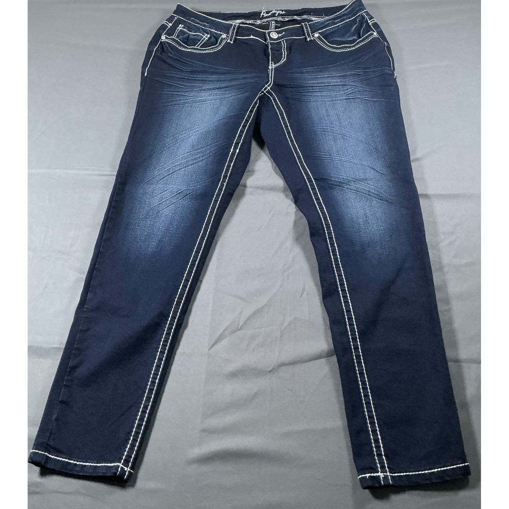 Amethyst Womens Dark Wash Contrast Stitch Straight Leg Denim Jeans Blue Y2K